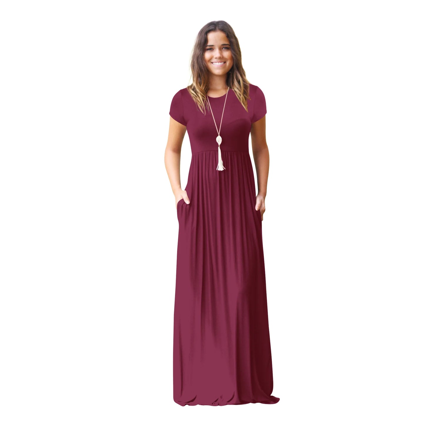 Women Summer Casual Plain Maxi Solid Dress Short Sleeve