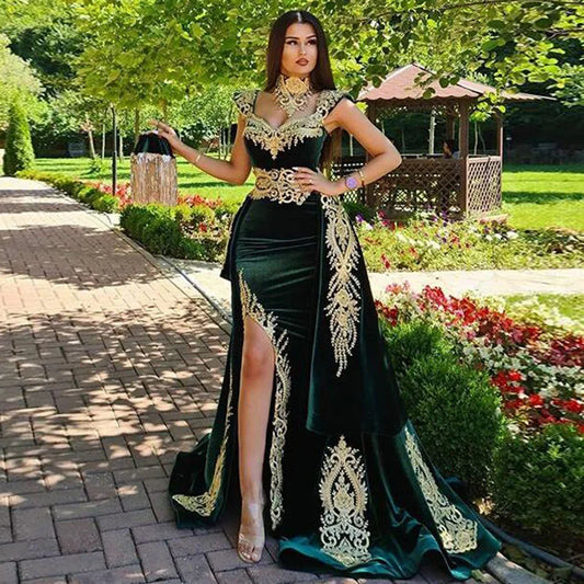 Elegant Stunning High Neck Velvet Evening Dress with Detachable Skirt Morocco Kaftan