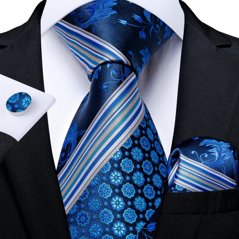 New Classic 100% Silk Men's Ties 8cm Blue Plaid Dot Striped Business Necktie Handkerchief Wedding Party Tie Set