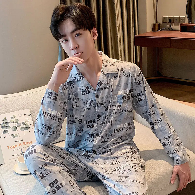 High Quality Autumn Pajamas Mens Milk Silk Sleepwear Long Sleeve 2 Pieces Pajama Set Men Casual Style