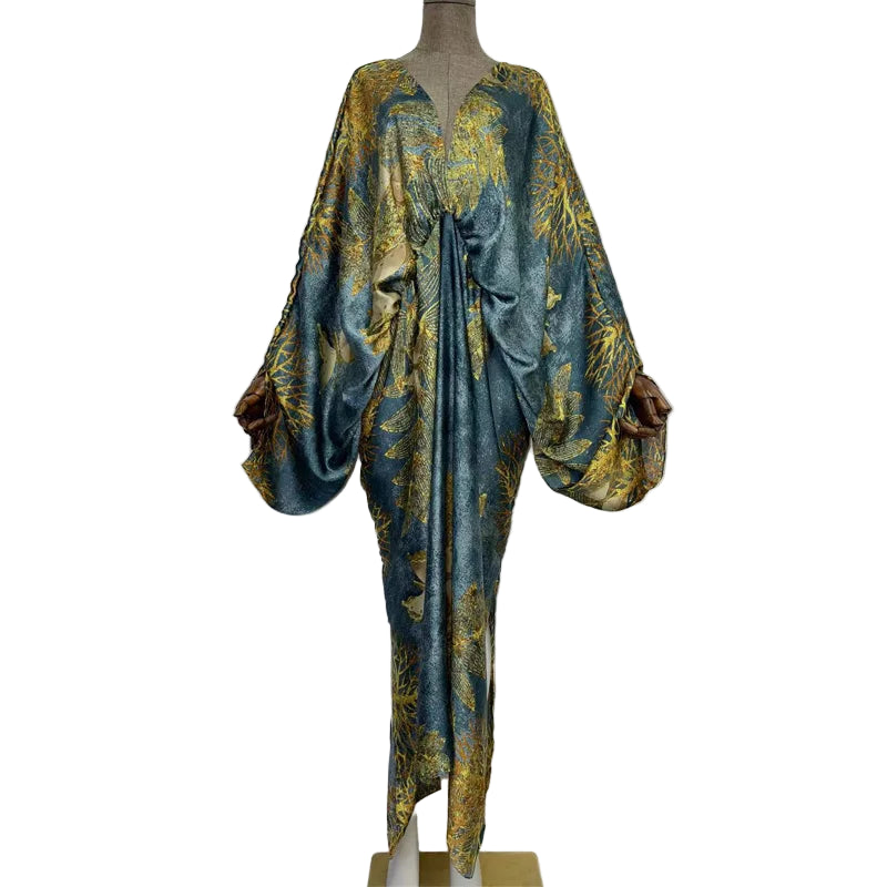 Sexy Silk Long Maxi Robe Women V-neck Bohemian Dress