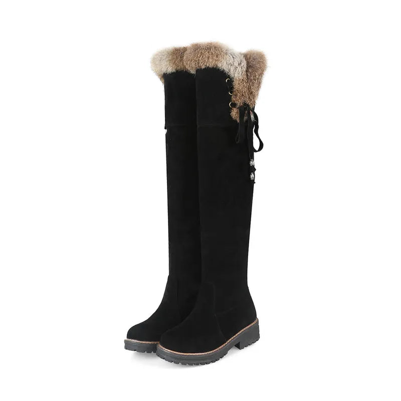 Women Warm Winter Snow Boots Shoes Suede Knee High Low heels Warm Fur