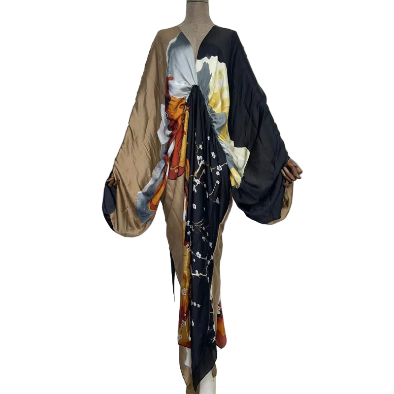 Sexy Silk Long Maxi Robe Women V-neck Bohemian Dress