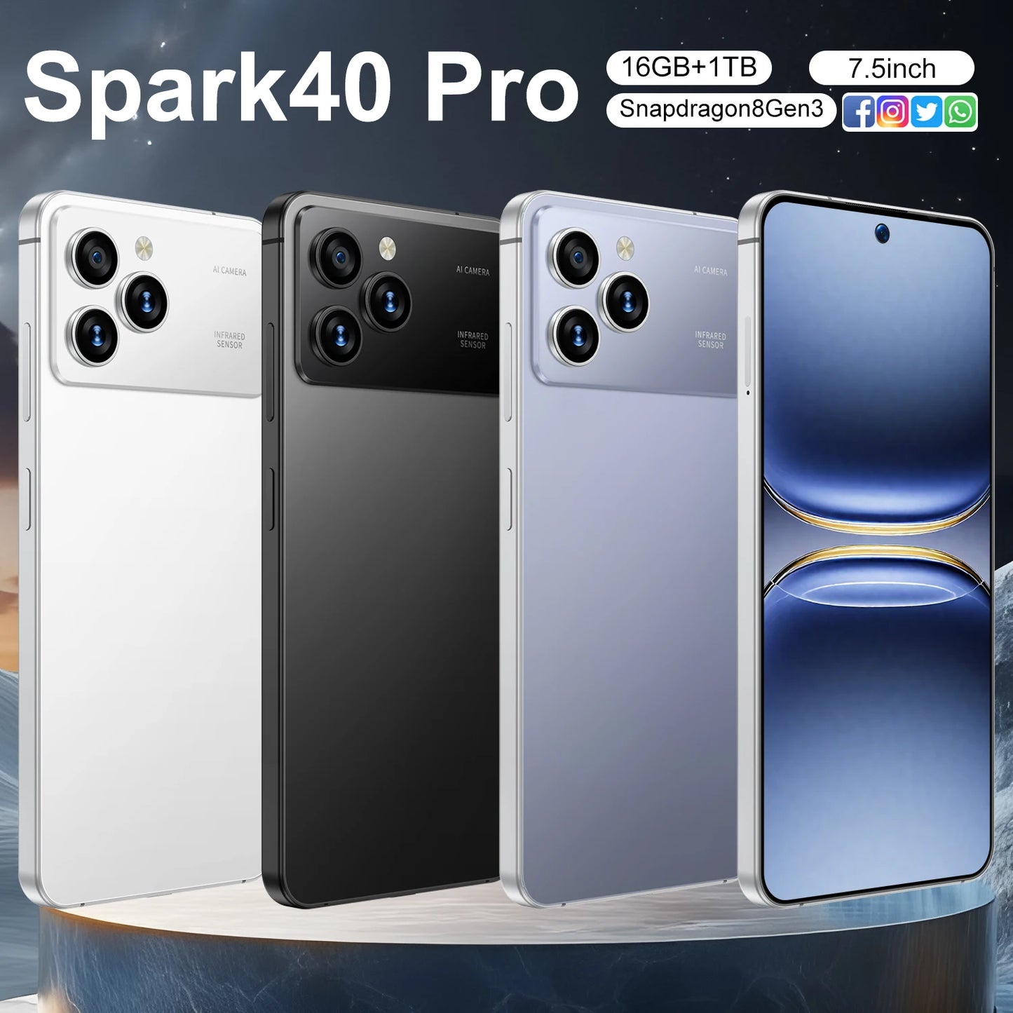 New Spark40 Pro 7.3 Inch Android 14 5G Deca Core 108MP HD LCD Dual SIM 16GB+1TB Smartphone