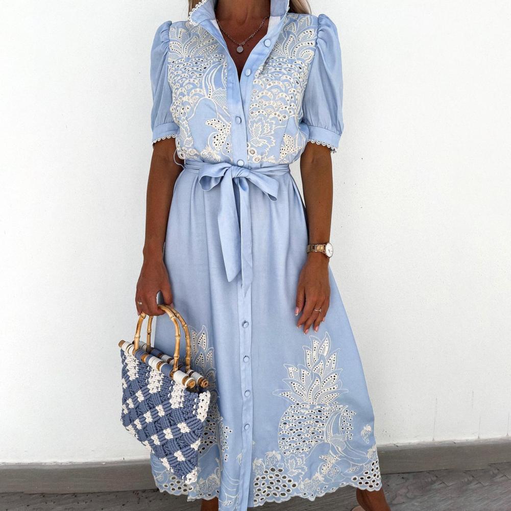 Elegant Embroidered Women Maxi Dress Chic Lapel Long Sleeve High Waist Lace Up Dresses
