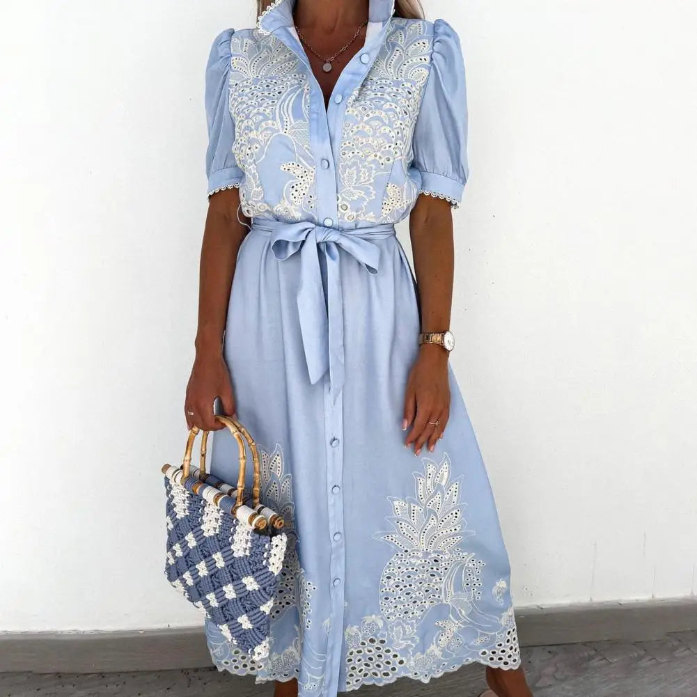 Elegant Embroidered Women Maxi Dress Chic Lapel Long Sleeve High Waist Lace Up Dresses