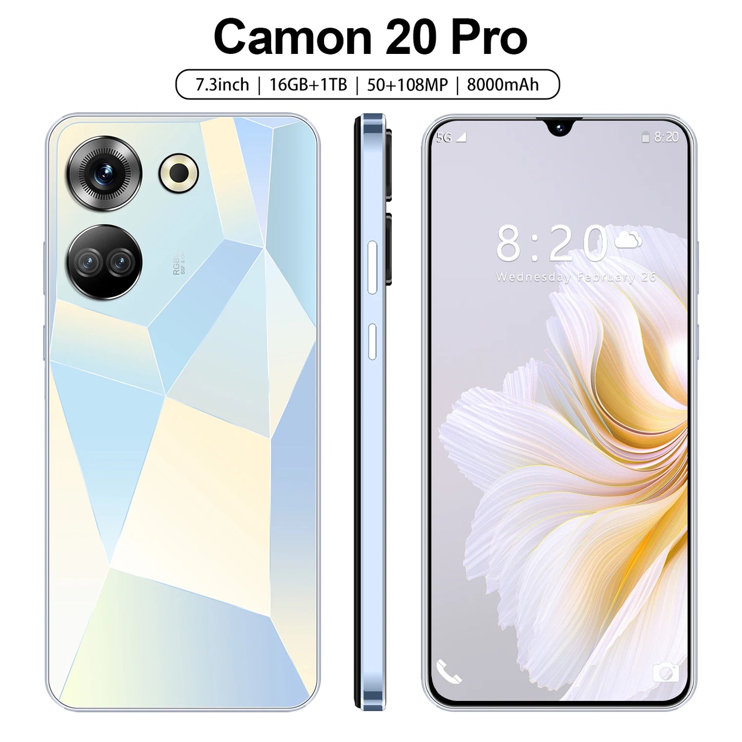 New Arrival Camon 20 Pro 5G Smartphone 7.3-inch HD Large Screen 1TB Storage 16GB RAM Dual SIM Card Mobile Phone