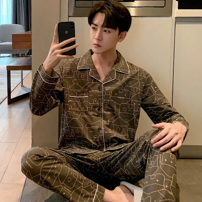 High Quality Autumn Pajamas Mens Milk Silk Sleepwear Long Sleeve 2 Pieces Pajama Set Men Casual Style