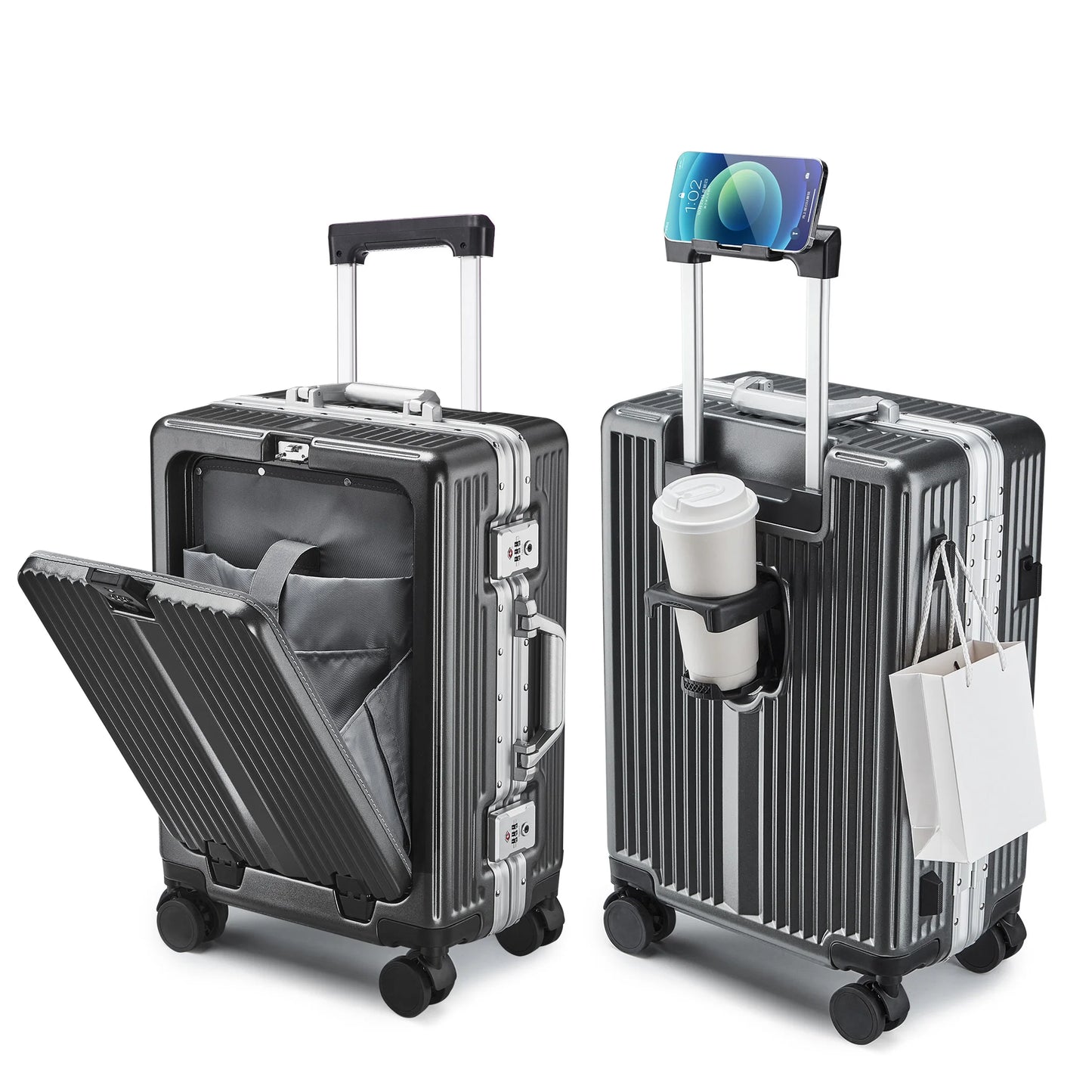 20 24 Inch Zipperless Aluminum Frame PC Suitcase Luggage Waterproof Front Opening Hard Shell Travel Suitcase