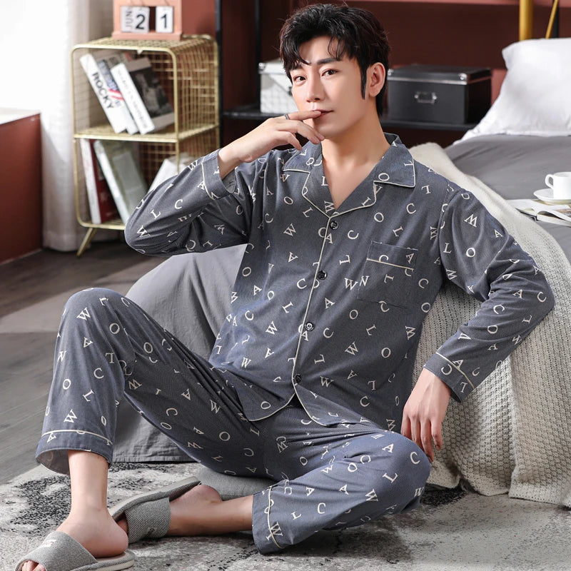 High Quality Autumn Pajamas Mens Milk Silk Sleepwear Long Sleeve 2 Pieces Pajama Set Men Casual Style