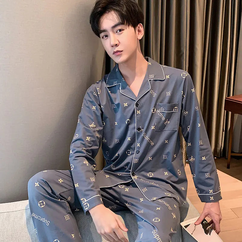 High Quality Autumn Pajamas Mens Milk Silk Sleepwear Long Sleeve 2 Pieces Pajama Set Men Casual Style