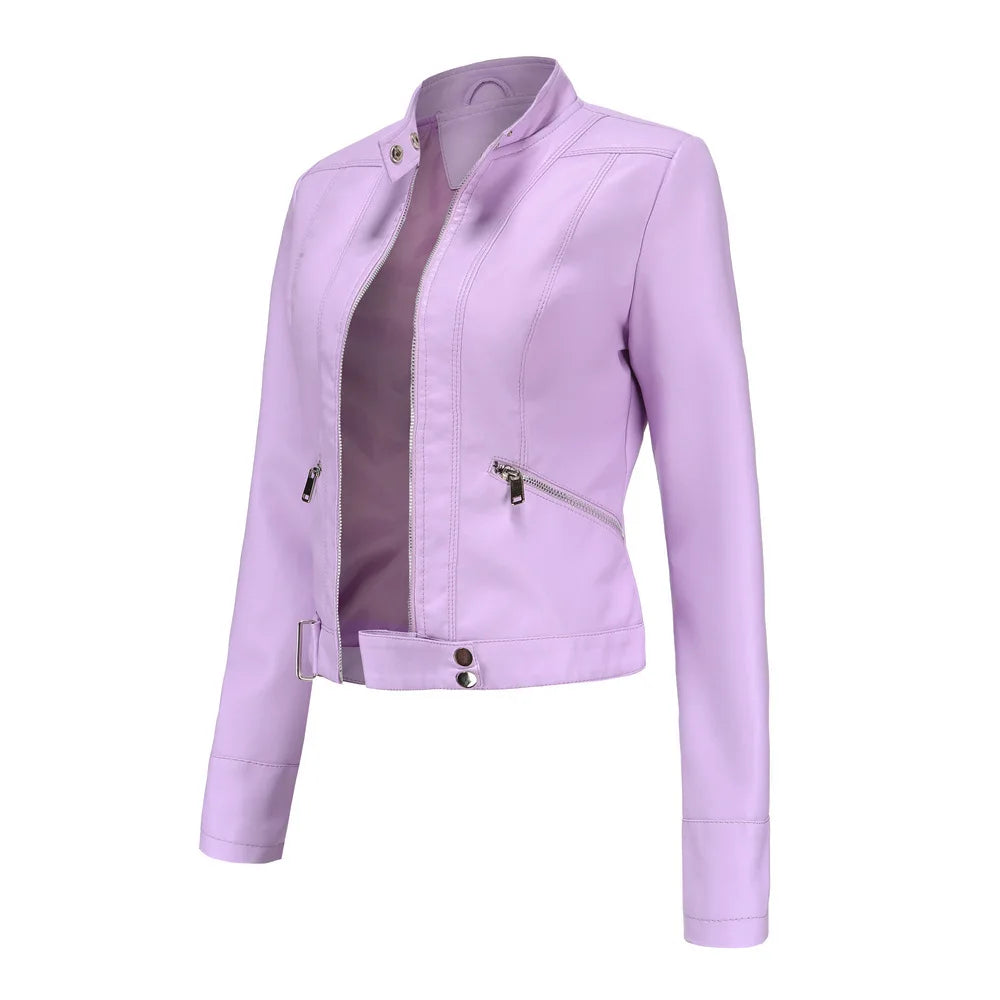 Women PU Leather Short Jacket With Belt Stand-up Collar Zipper Biker Coat