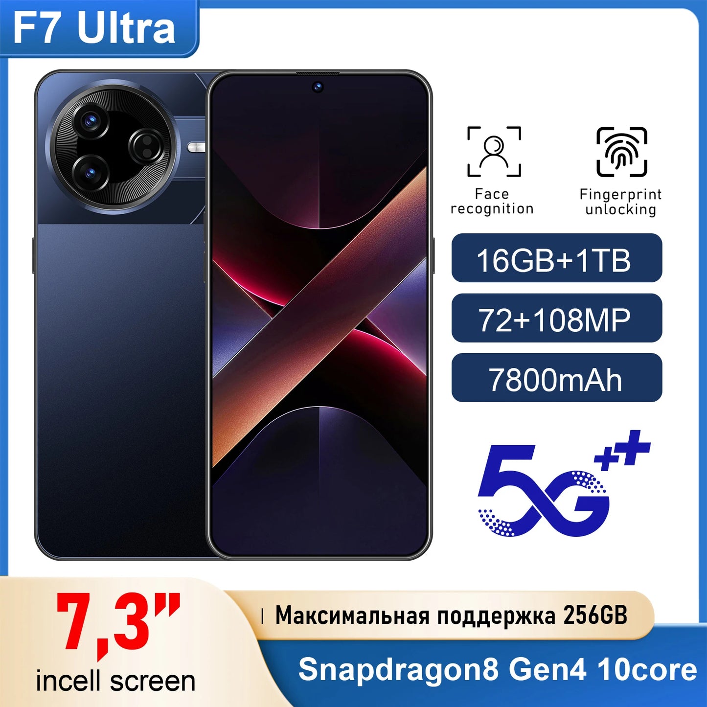 Latest Style F7 Ultra  Original Smart Mobile Phone 7.3-inch HD Screen MTK Dimensity Series CPU 16GB+1TB 108MP Rear Camera