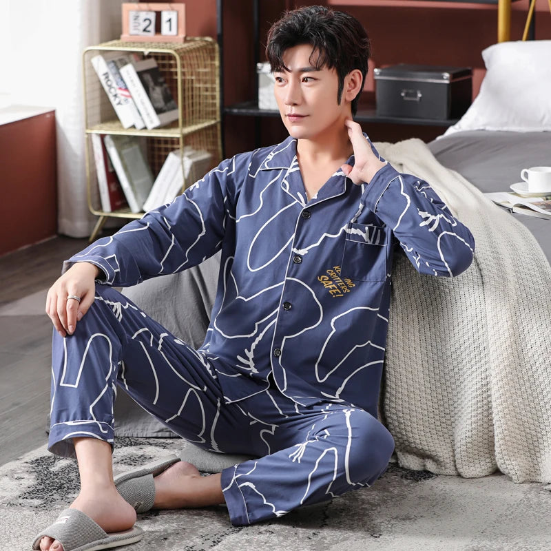 High Quality Autumn Pajamas Mens Milk Silk Sleepwear Long Sleeve 2 Pieces Pajama Set Men Casual Style