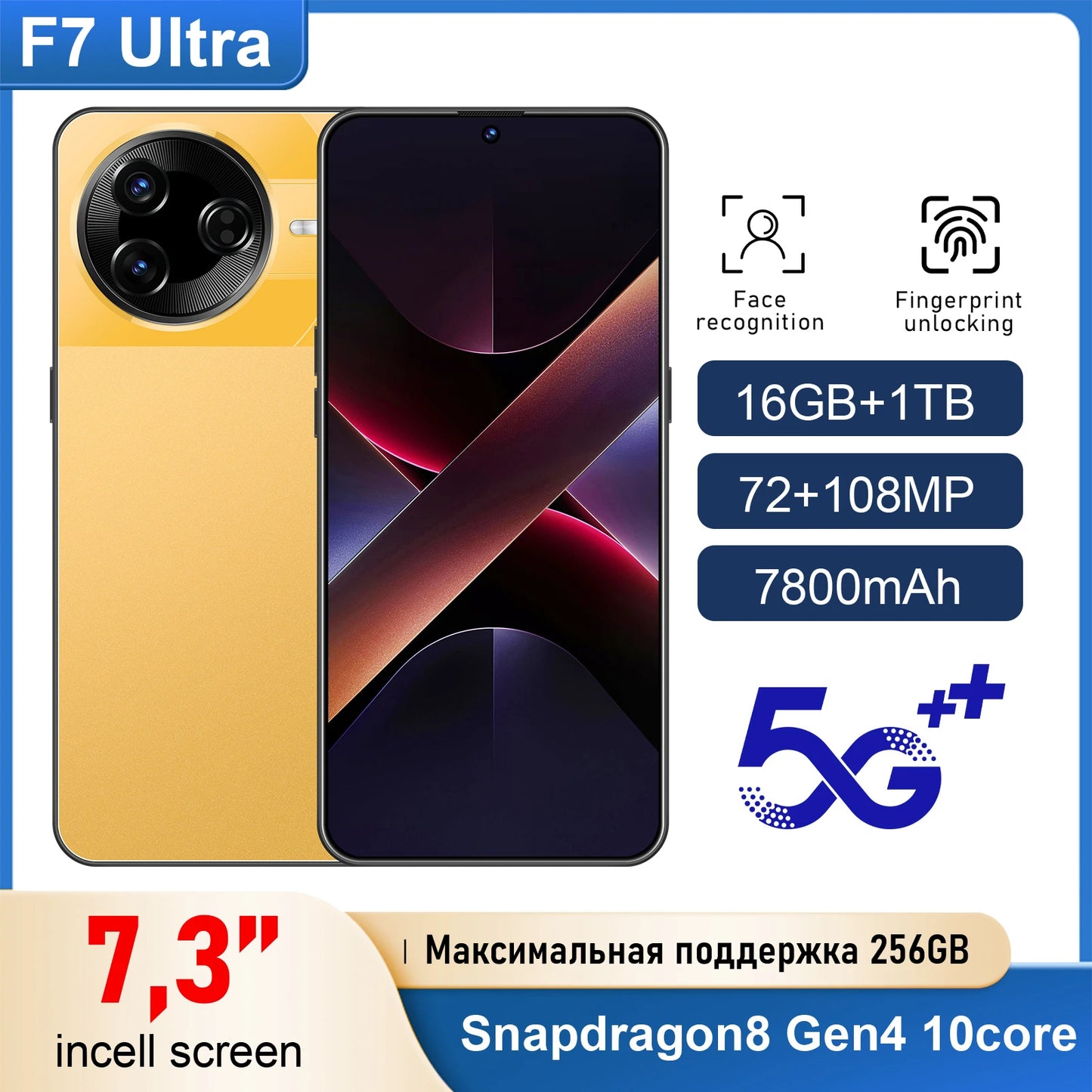 Latest Style F7 Ultra  Original Smart Mobile Phone 7.3-inch HD Screen MTK Dimensity Series CPU 16GB+1TB 108MP Rear Camera