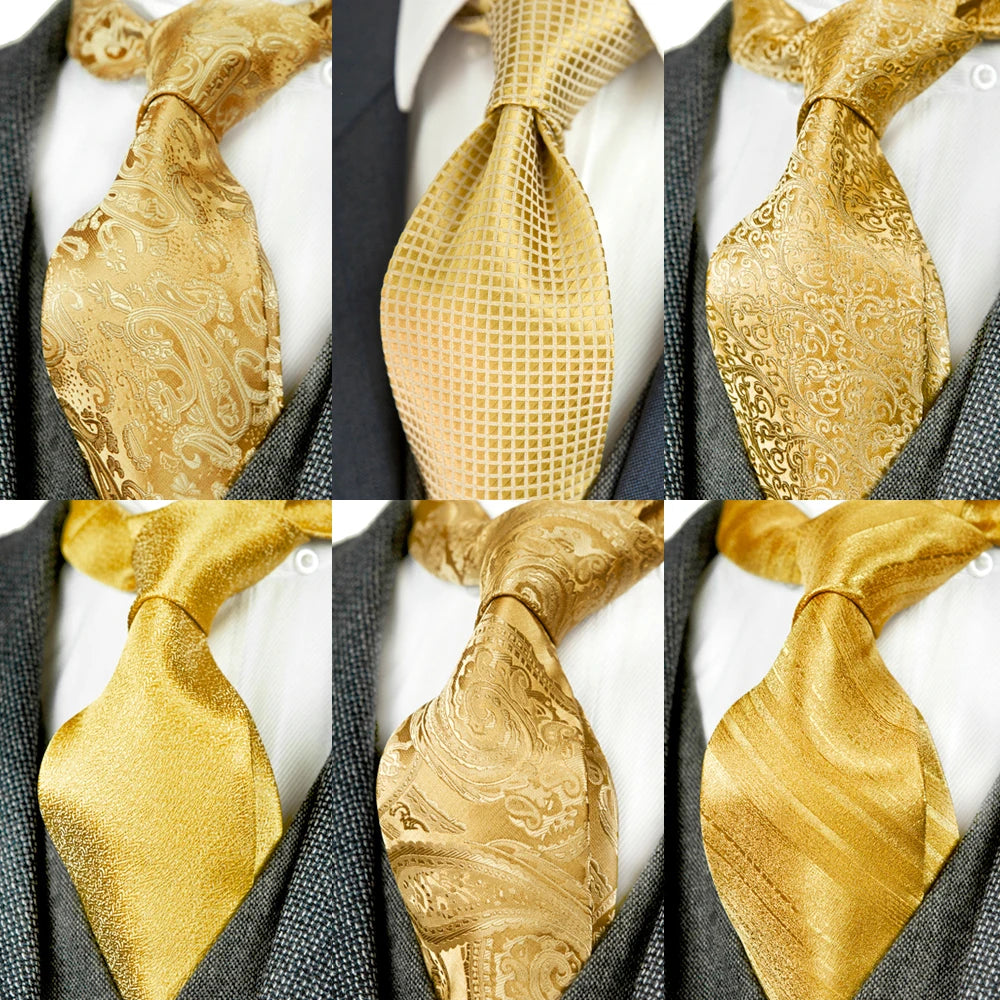 Solid Floral Paisley Yellow Gold Men's Ties Neckties 100% Silk Jacquard Woven Tie Sets Pocket Square Party Wedding