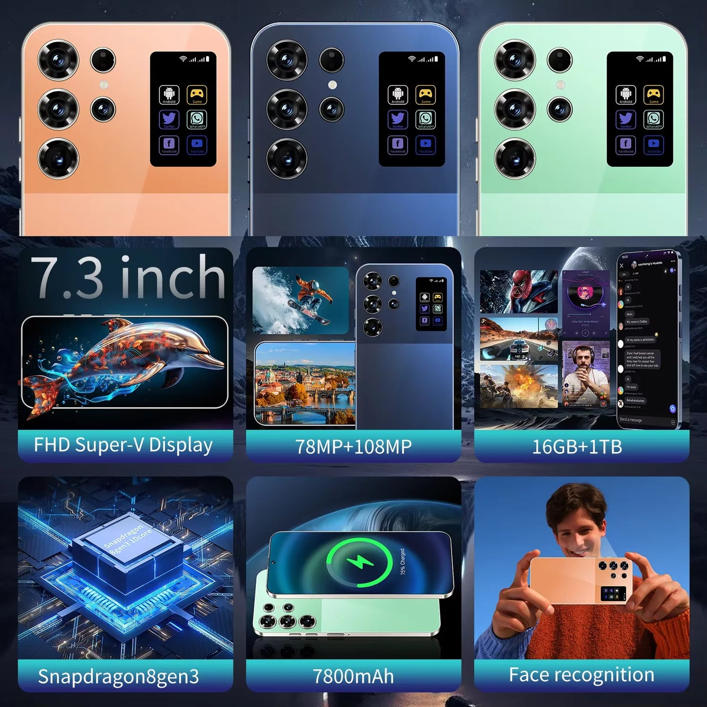 S26 Ultra Android 15 5G Smartphone High Quality 7.3 Inch HD Face ID Deca core Gaming Mobile Phone 16GB+1TB Factory Direct