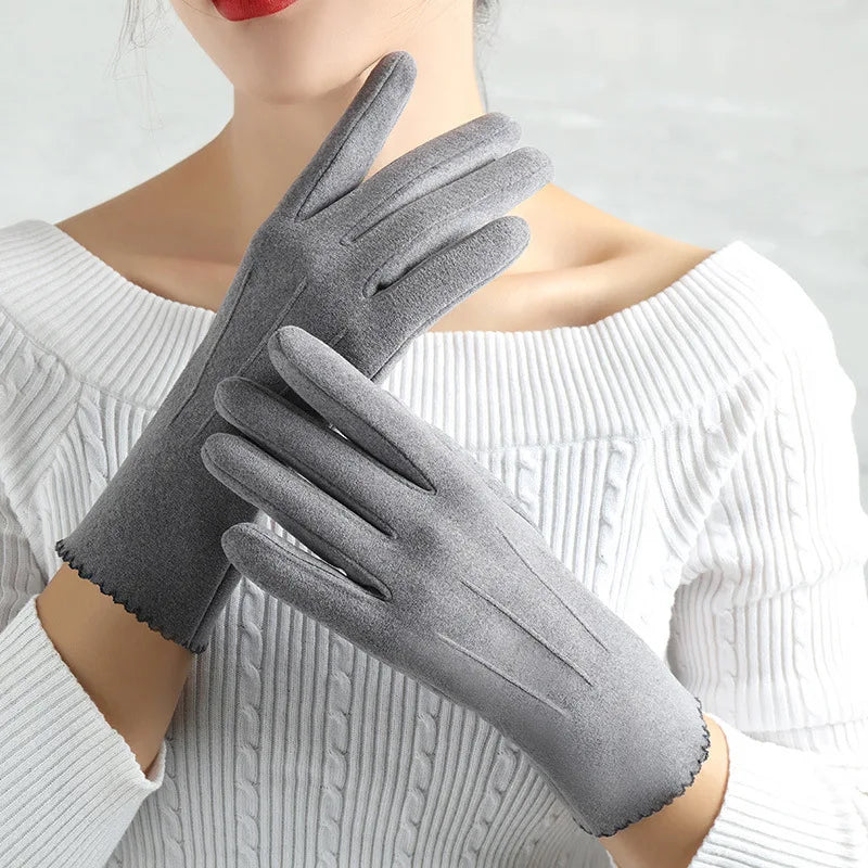 Women Slim Vintage Windproof Touch Screen Suede Winter Gloves