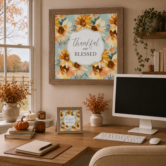 Thankful and Blessed Wall Art – Sage Sunflower Fall Floral Square Farmhouse Framed Decor (SB308)