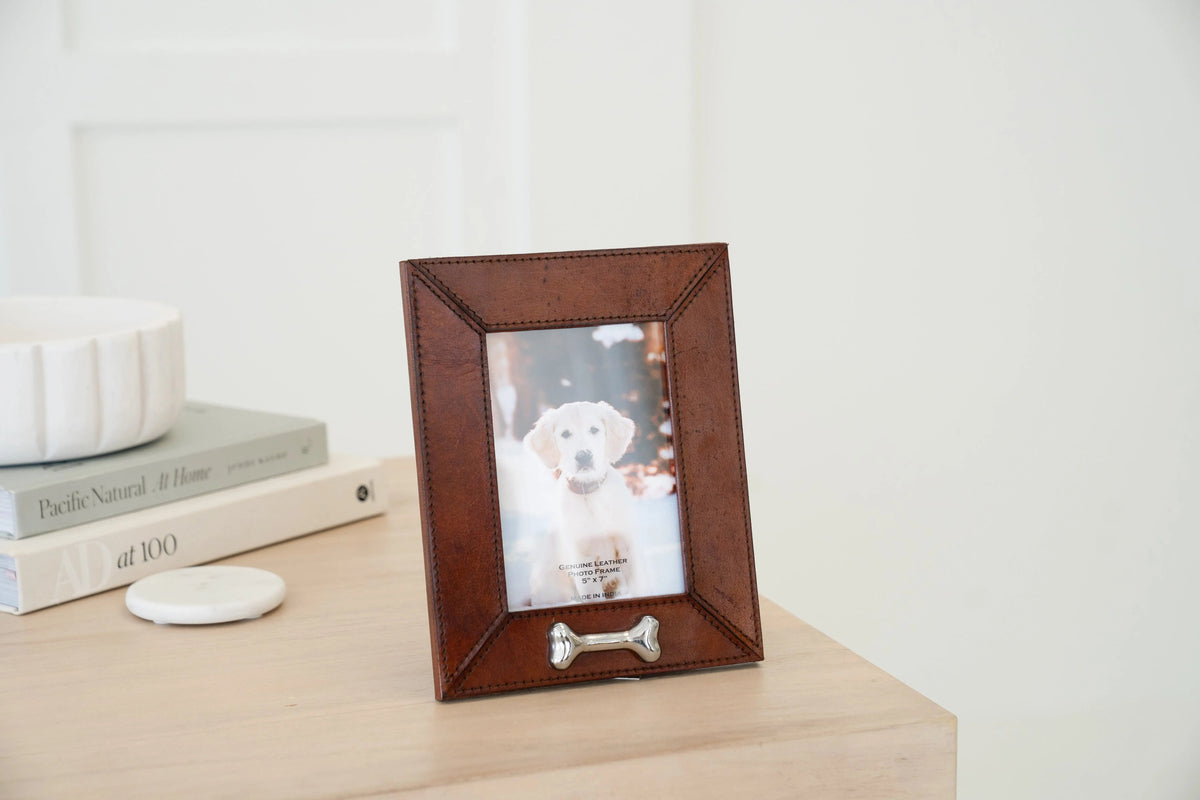 Huntley Pet Leather Picture Frame with Silver Bone Accent