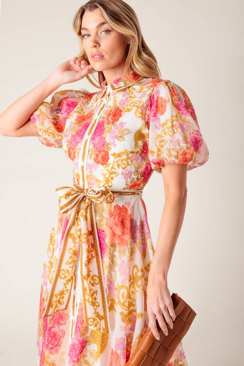 GARDEN TAPESTRY IVORY FLORAL WOVEN MIDI DRESS