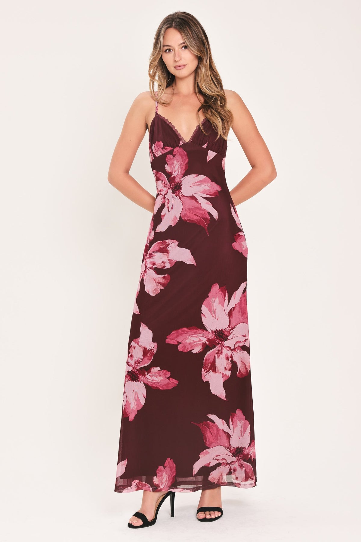MIDNIGHT MERLOT LACE TRIM MESH MAXI DRESS