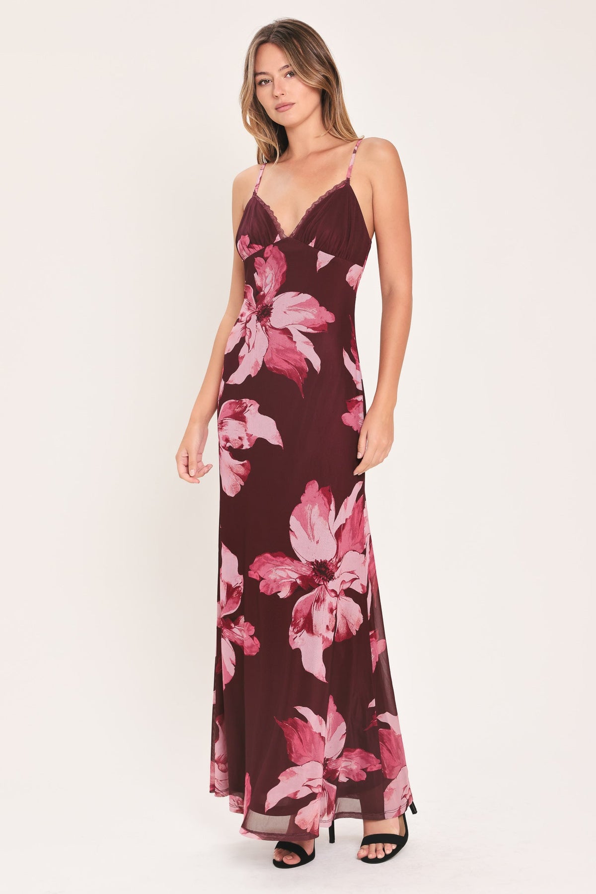 MIDNIGHT MERLOT LACE TRIM MESH MAXI DRESS