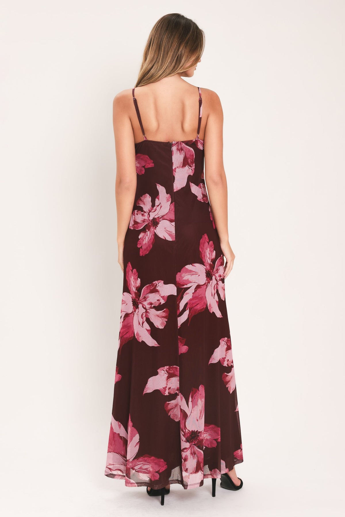 MIDNIGHT MERLOT LACE TRIM MESH MAXI DRESS