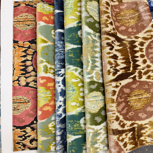 KAYA -IKAT EFFECT DESIGNER PATTERN CUT VELVET UPHOLSTERY FABRIC BY THE YARD