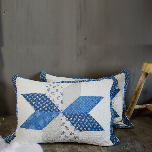 100% Cotton Summer Diamond Blue Patchwork Quilt King Size Pillow Sham, Boho Style, Motif Blue and Ivory, Room Decor, Graduation Gifts