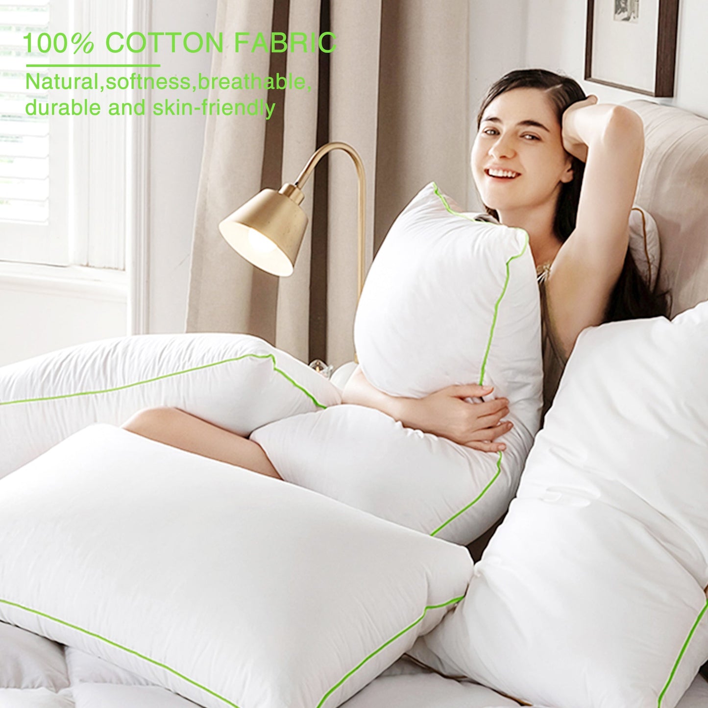 Silky Green Piped Edge Goose Down Feather Pillow Set, White