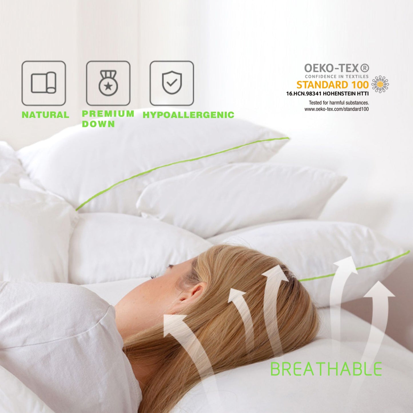 Silky Green Piped Edge Goose Down Feather Pillow Set, White