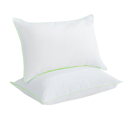 Silky Green Piped Edge Goose Down Feather Pillow Set, White