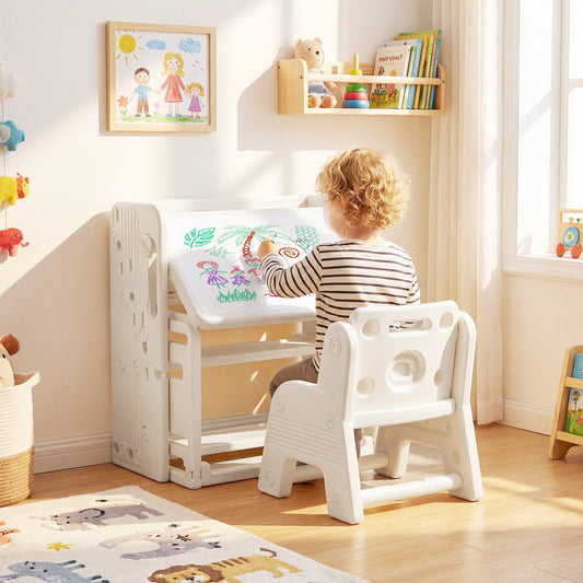 Kids Writing Desk and Chair Set with Side Bookshelves