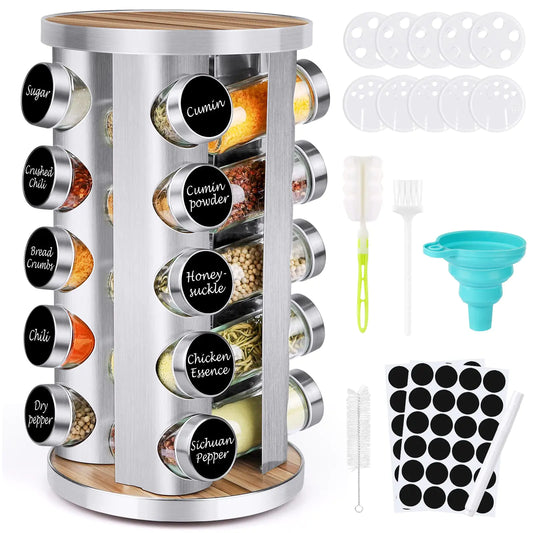 Spice Rack Organizer with Jars for Cabinet (20Pcs) Stainless Steel/Wooden Countertop Rack Tower Organizer for Kitchen Pantry with Reusable Labels/Funnel/Brushes