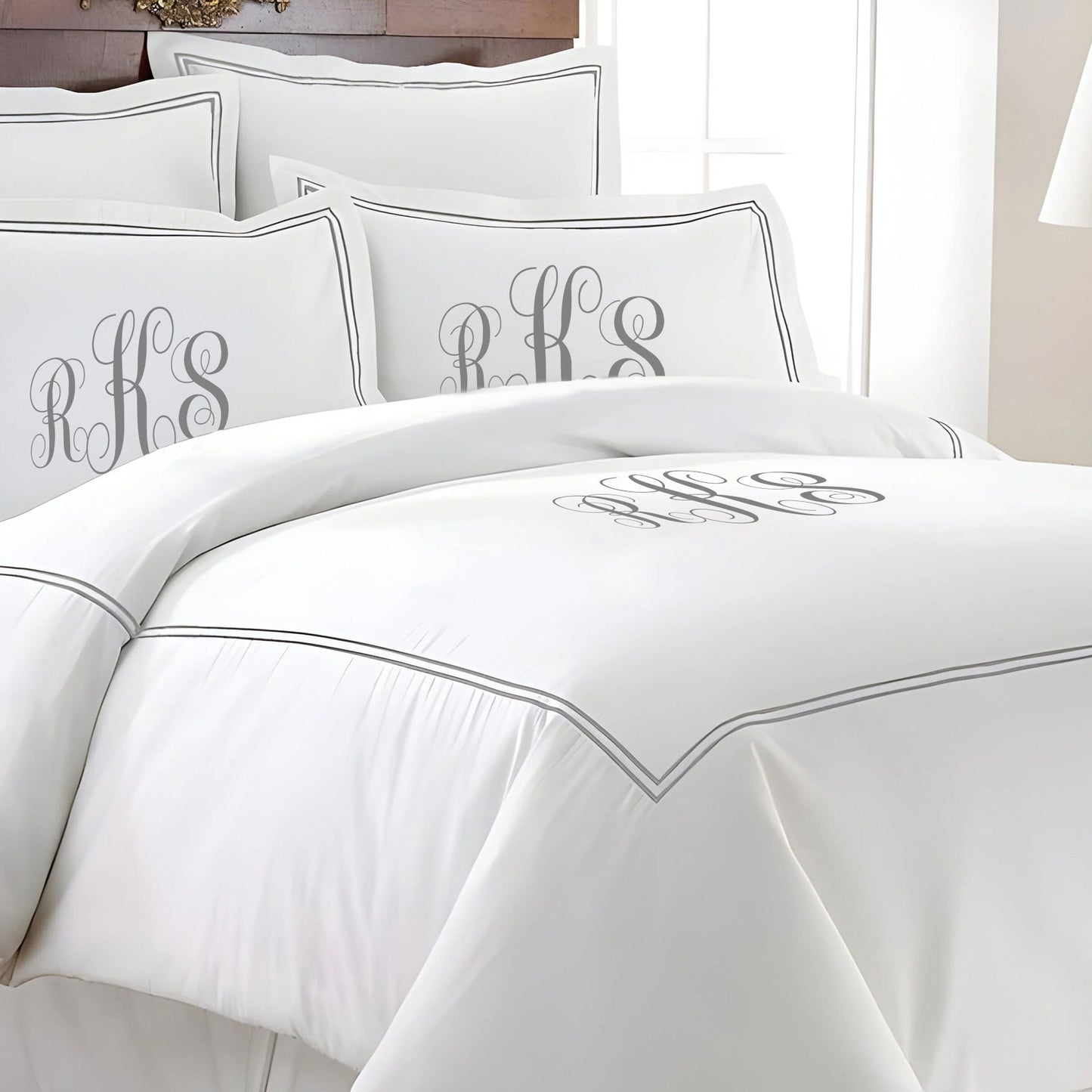 Monogram 400TC Cotton Double Embroidery Sateen Solid Duvet Cover Set