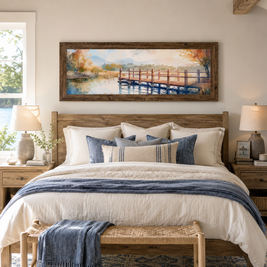 Autumn Pier Watercolor Wall Art – Wide Panoramic Lake Bridge Landscape Decor (SB943)