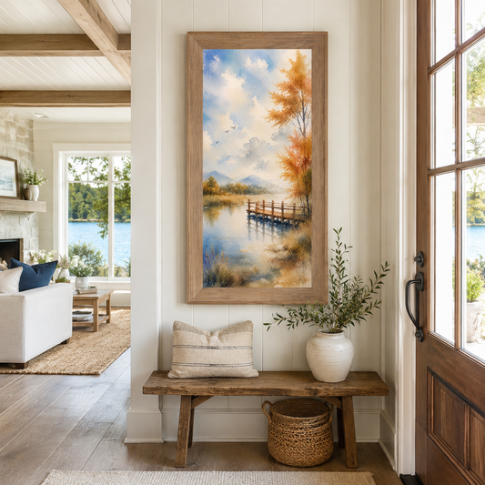 Autumn Pier Watercolor Wall Art – Tall Portrait Lake Scenic Landscape Decor (SB763)
