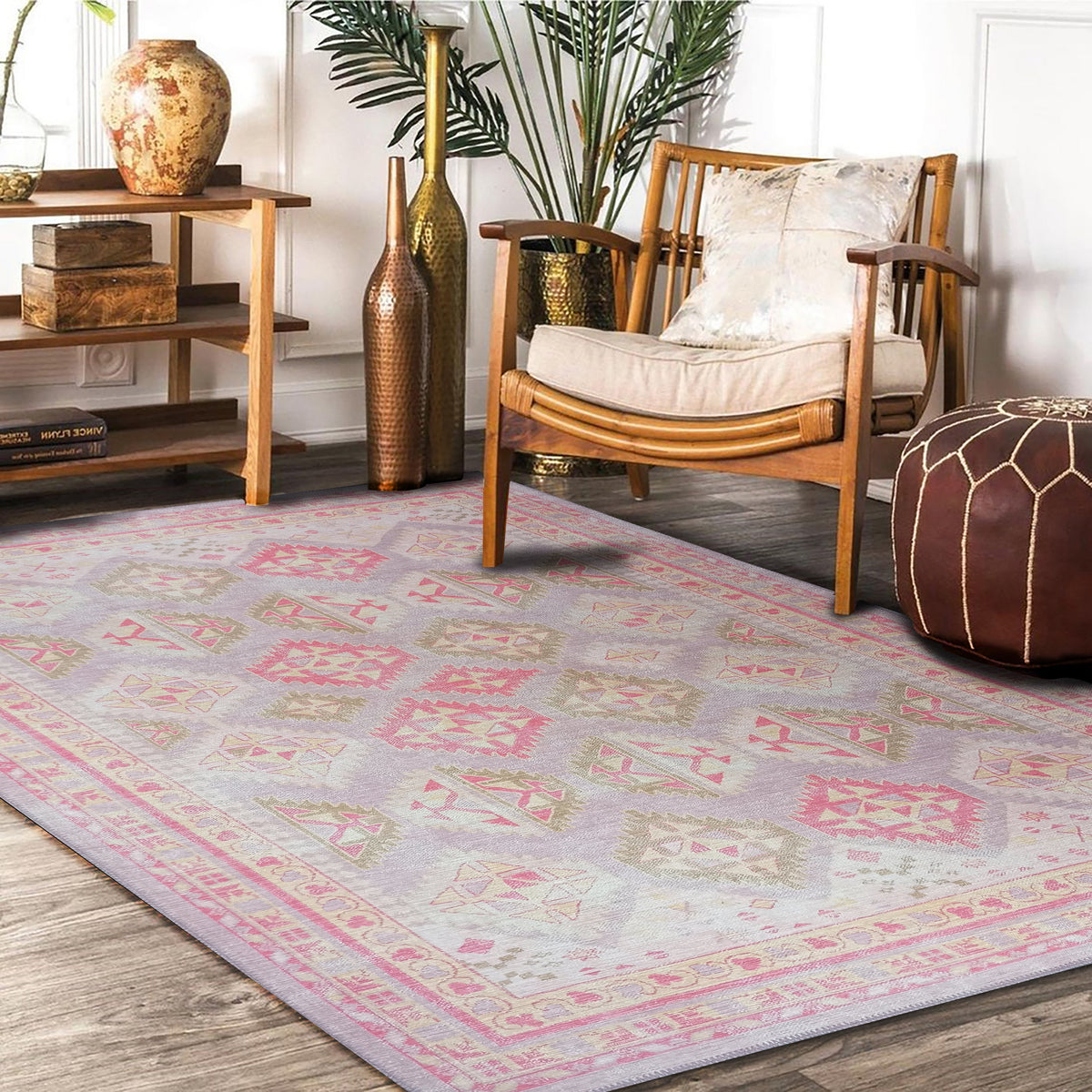 Lilac Purple Pink Herki Vintage Rug