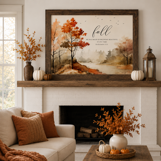 Fall He Has Made Everything Beautiful Wall Art – Ecclesiastes 3:11 Watercolor Autumn Landscape (SB249)