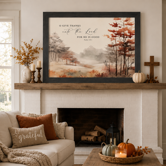 O Give Thanks Unto the Lord Wall Art – Psalm 118:1 Watercolor Autumn Landscape Christian Decor (SB250)