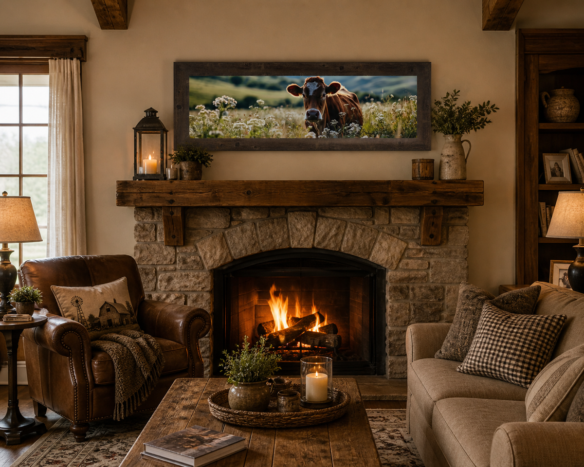 Jersey Cow Wildflower Panoramic Wall Art – Farmhouse Cattle Wide Landscape Decor (SB938)