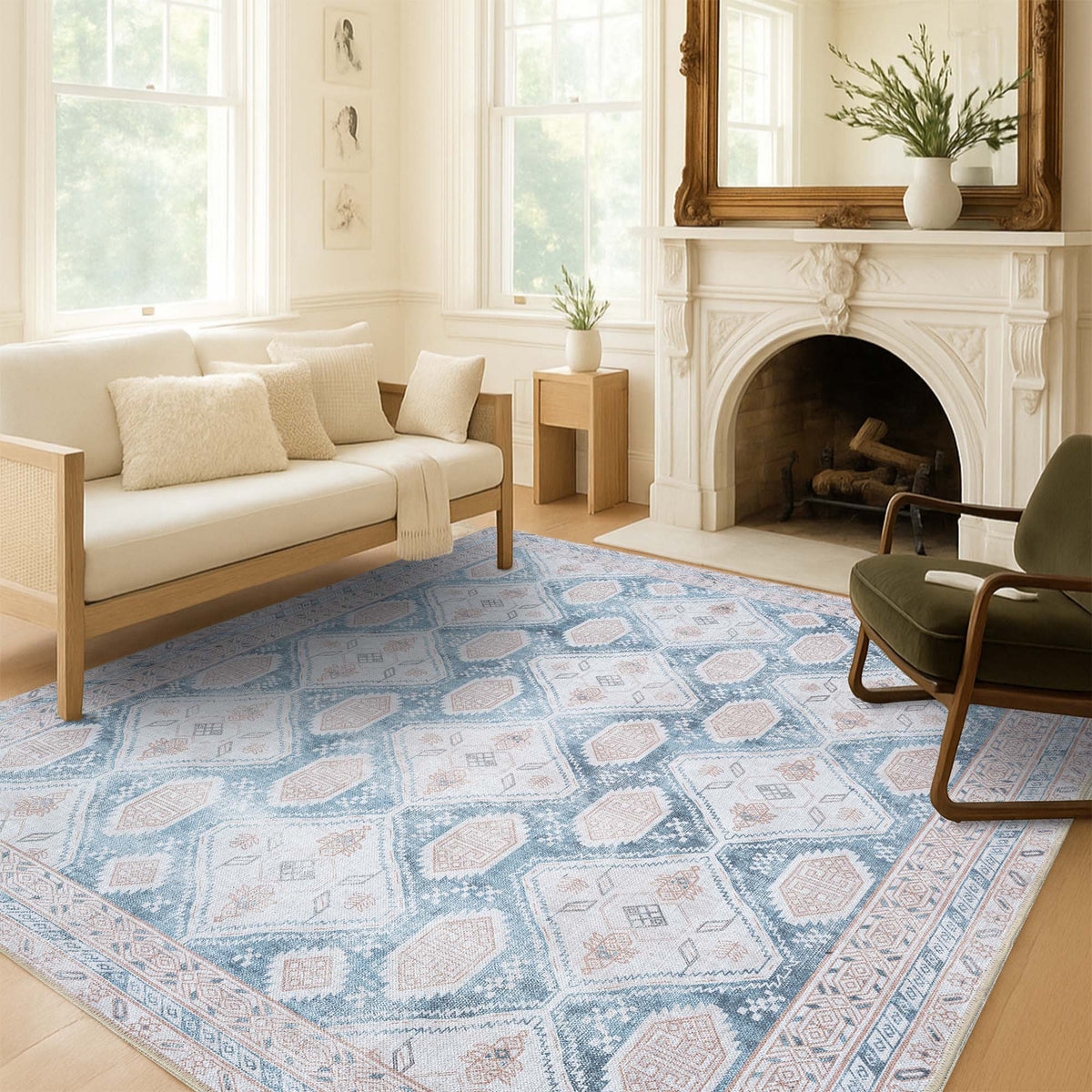 Samara Cream Blue Distressed Turkish Rug