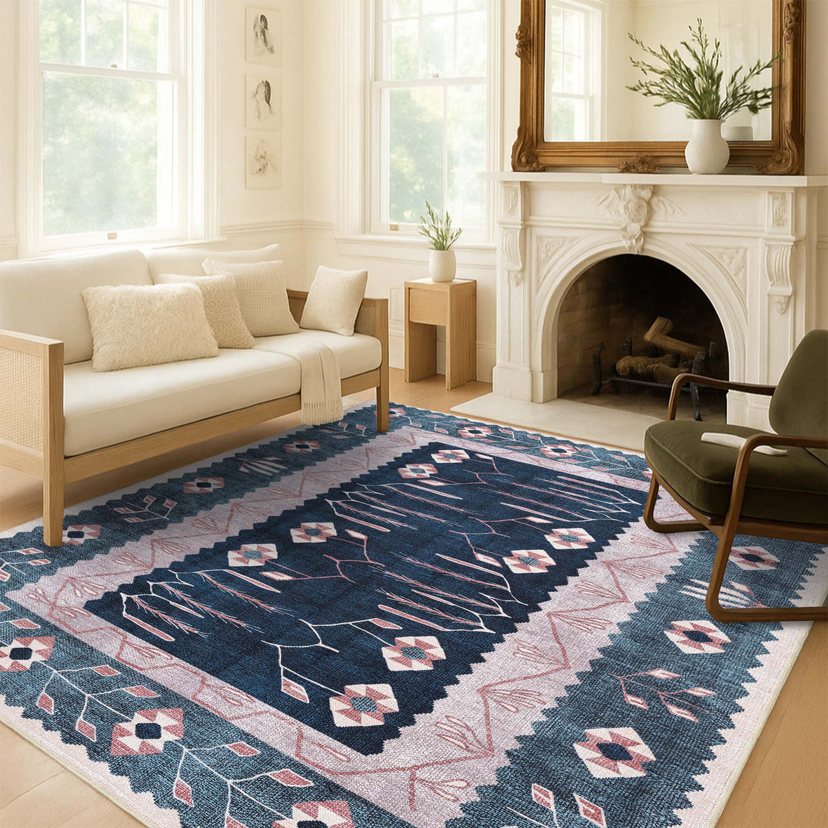 Marceline Navy Blue Floral Turkish Kilim Rug