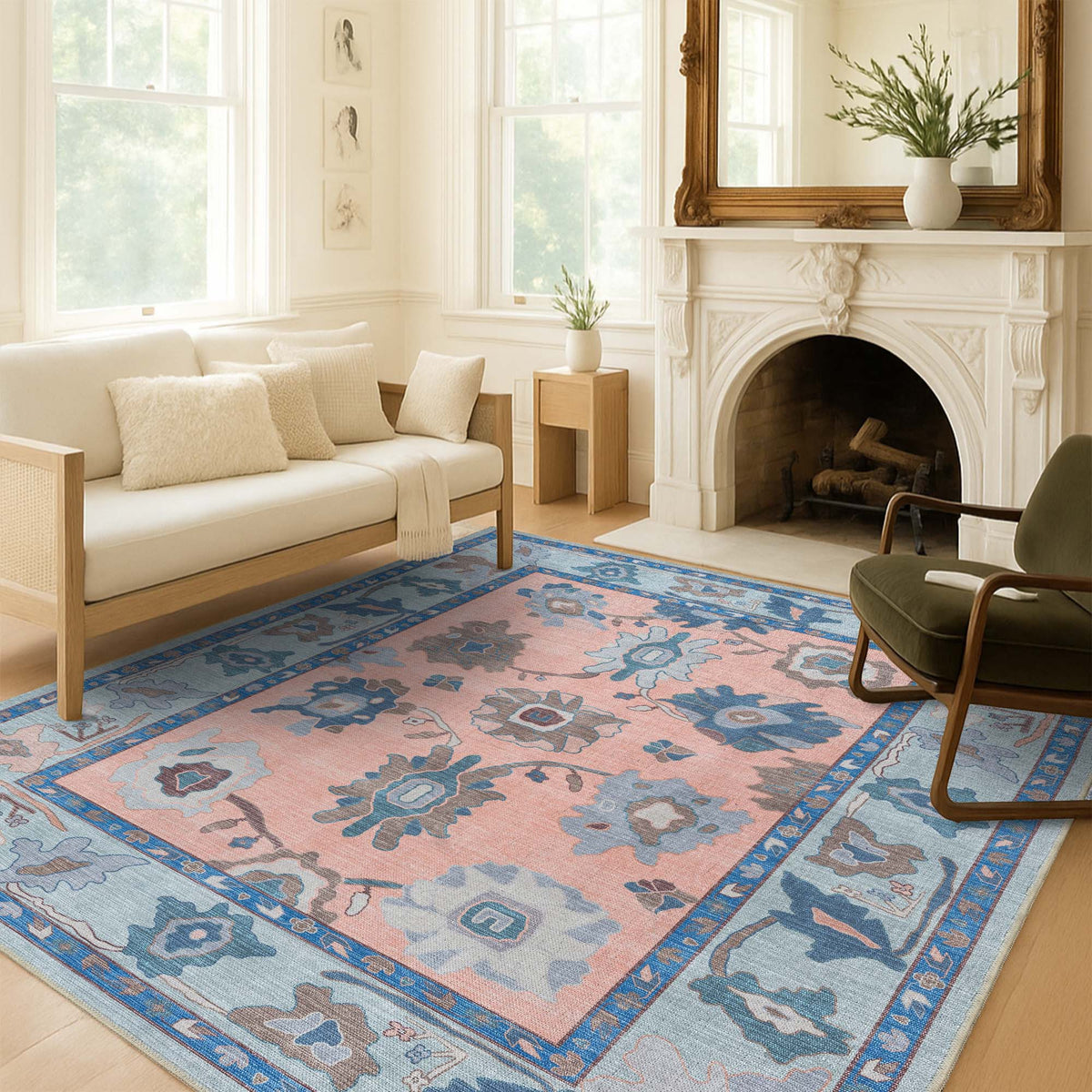 Menna Salmon Orange Blue Modern Oushak Rug