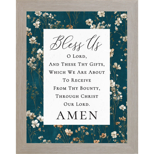 Bless Us O Lord Catholic Prayer Wall Art – Teal Floral Botanical Christian Decor (SB234)