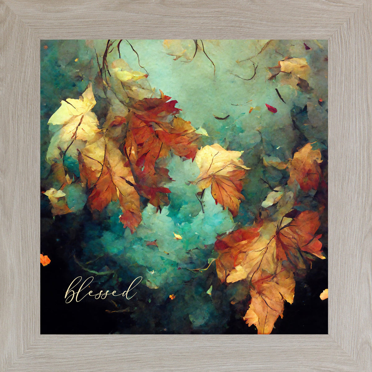 Blessed Fall Wall Art – Teal Watercolor Autumn Leaves Square Farmhouse Decor (SB305)