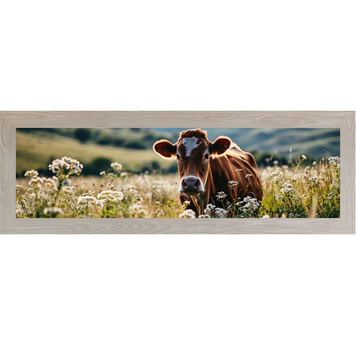 Jersey Cow Wildflower Panoramic Wall Art – Farmhouse Cattle Wide Landscape Decor (SB938)
