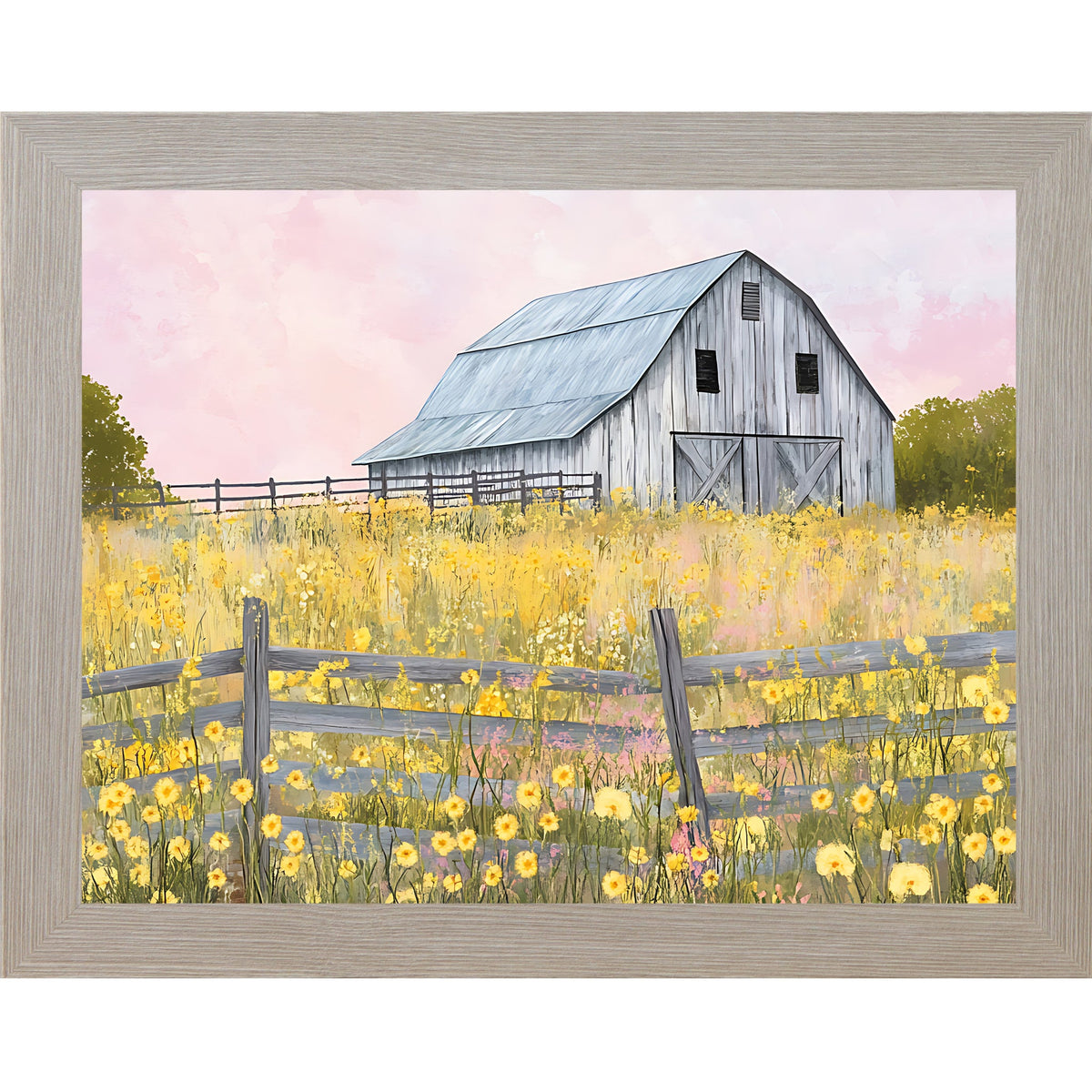 Yellow Wildflower Barn Wall Art – Farmhouse Summer Scenic Landscape Decor (SB253)