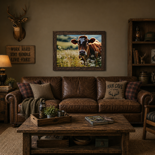 Jersey Cow Wildflower Field Wall Art – Farmhouse Cattle Scenic Landscape Decor (SB238)